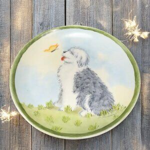 German Porcelain Dish Plate Old English Sheepdog With Butterfly Painted Signed